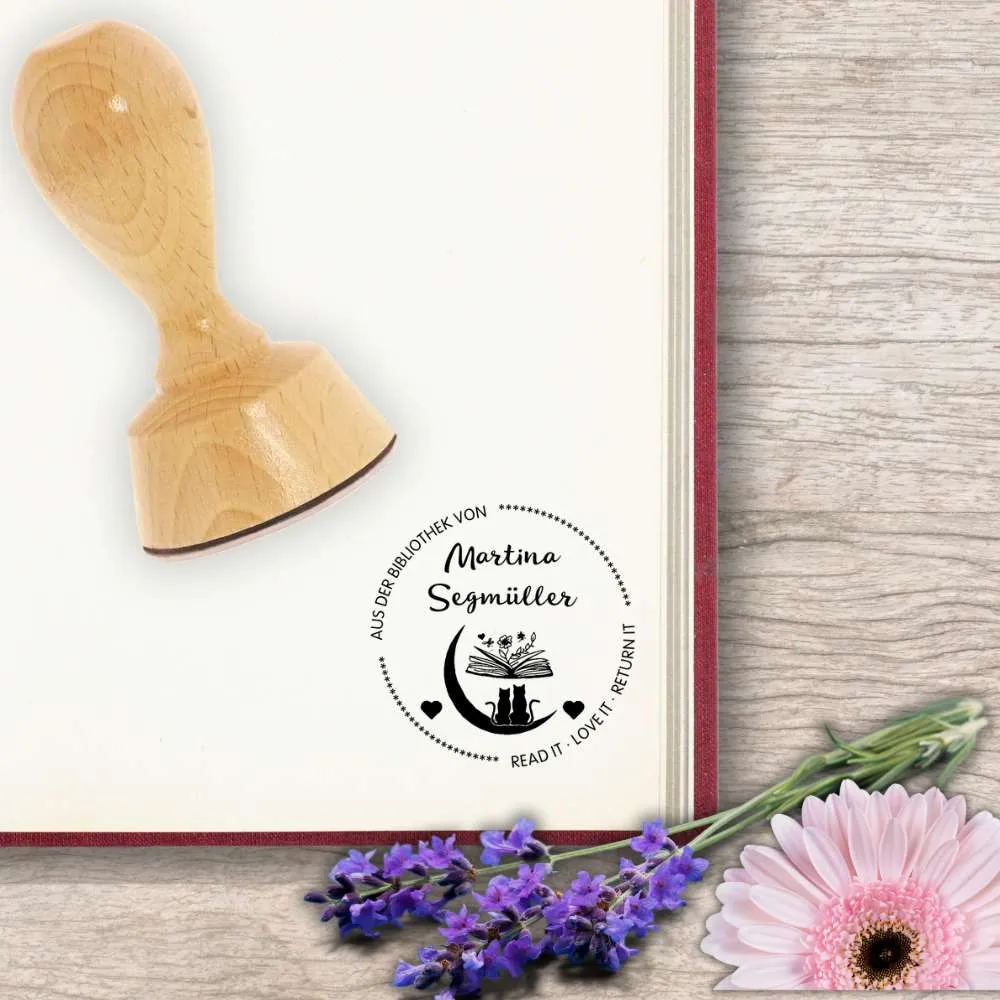 Ex Libris Stempel - Bücherstempel Rund 40mm Motiv Katze / Buch