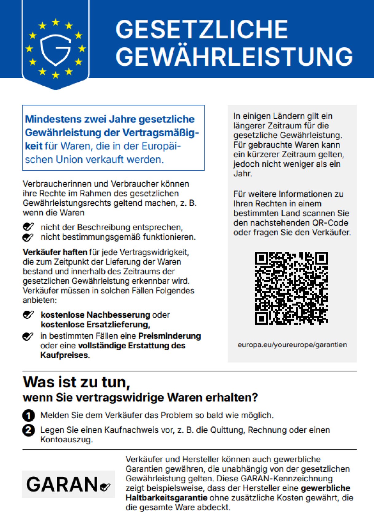 EU Gewährleistungslabel auf Deutsch